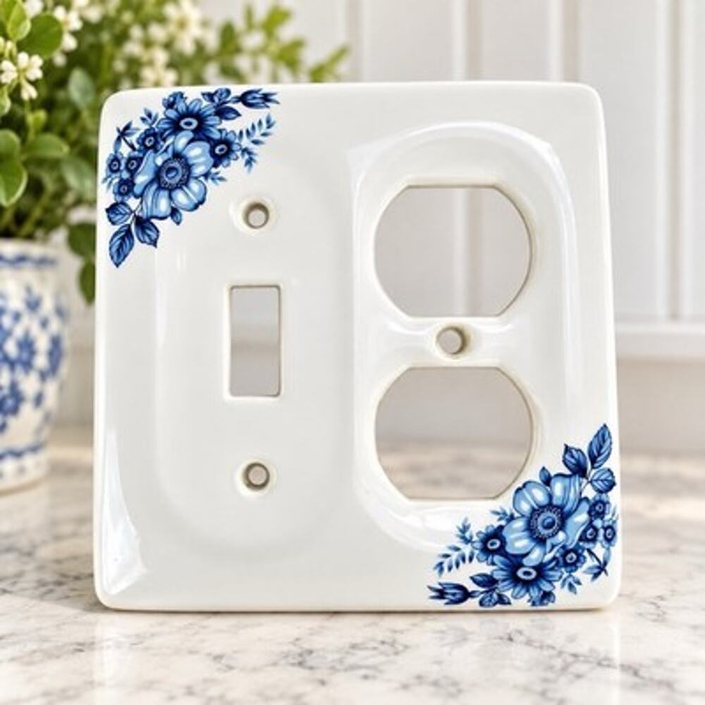 Vintage Ceramic Switch Outlet Wall Plate Blue Floral Taiwan Toggle Duplex